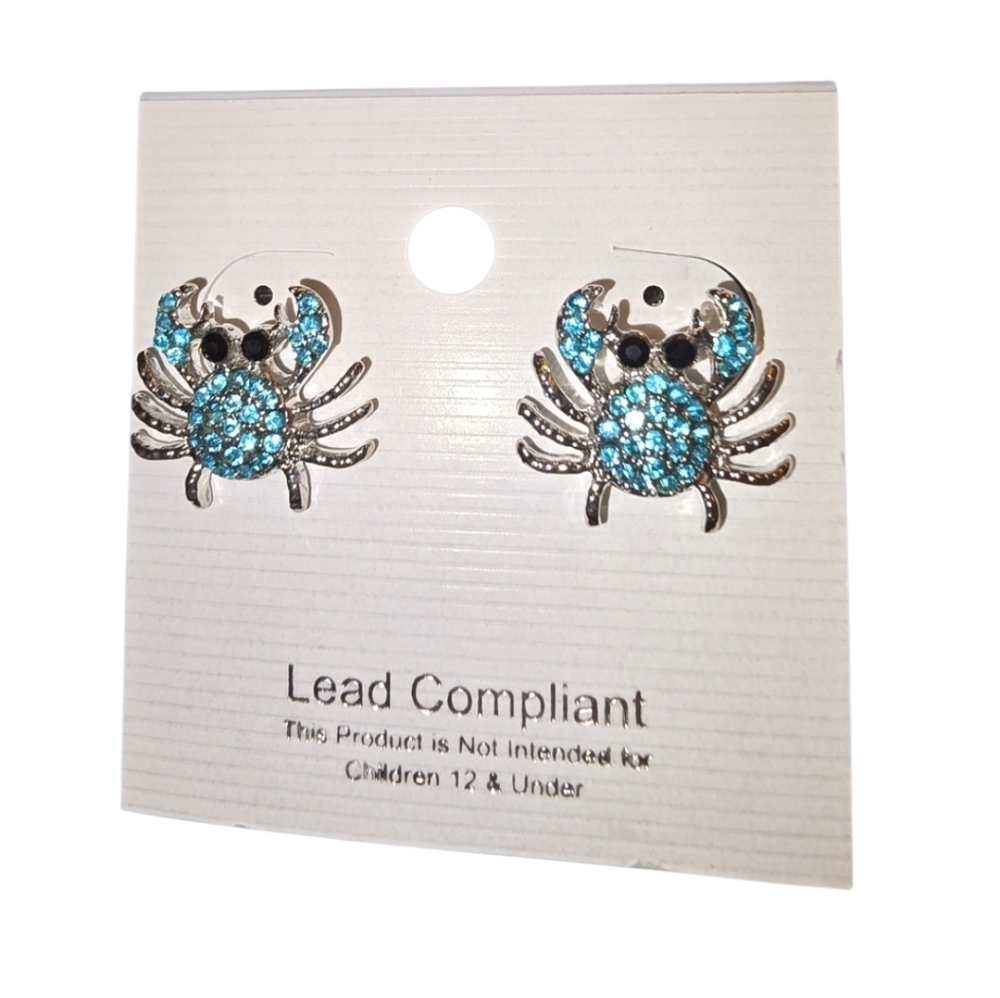 Blue Crystal Crab Earrings NWT ~0.75" x ~0.5" Lead Compliant Free Gift Wrapping